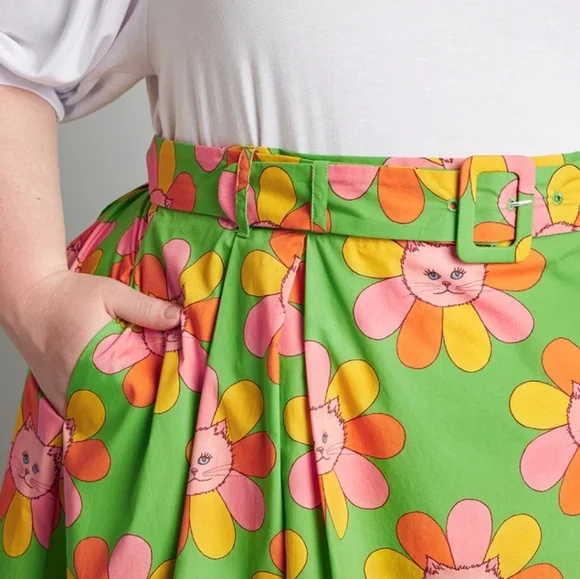 NWT Modcloth Flower Kitty Belted Skirt - Picture 2 of 4